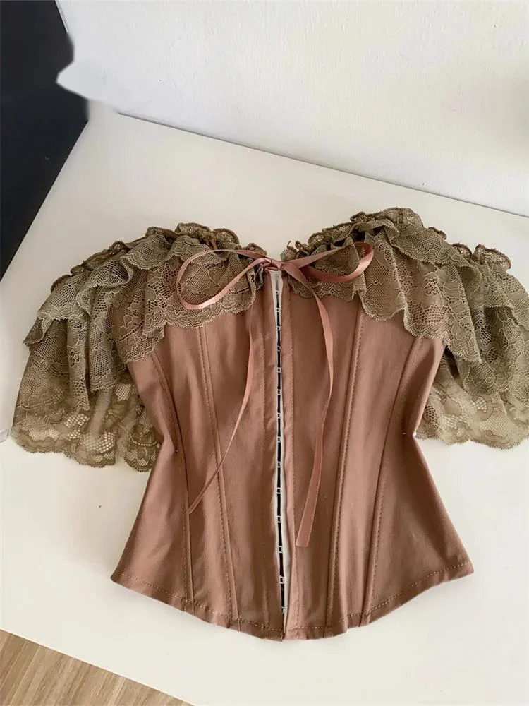 

Женственный кружевной корсетный топ с открытыми плечами, на шнуровке, летний, во французском стиле, универсальный, чувственный, на бретельках