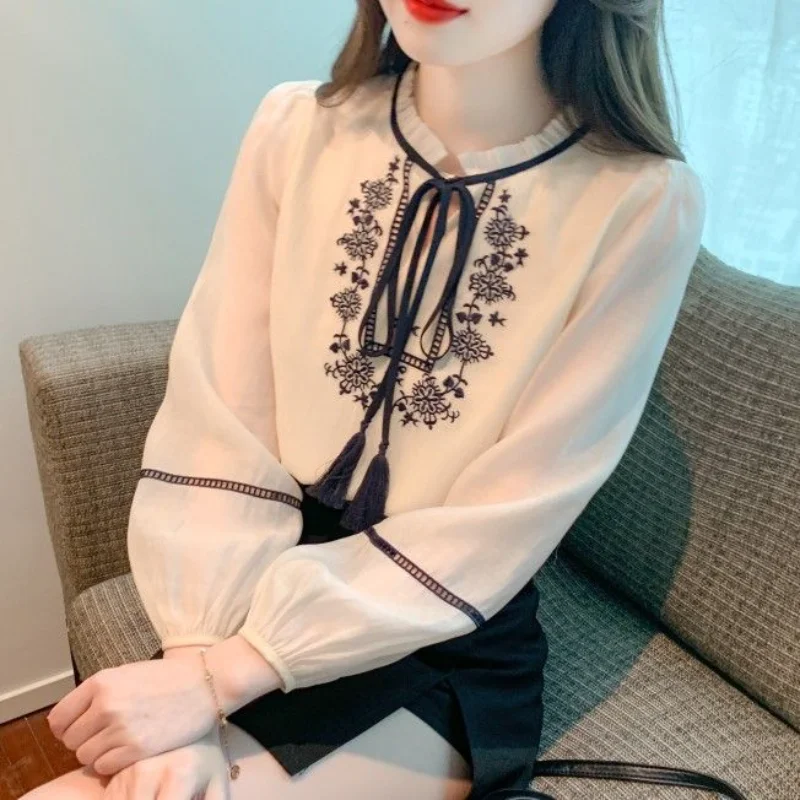 

Bow Tie Chiffon Blouse Women Elegant Long Sleeve Unique Top