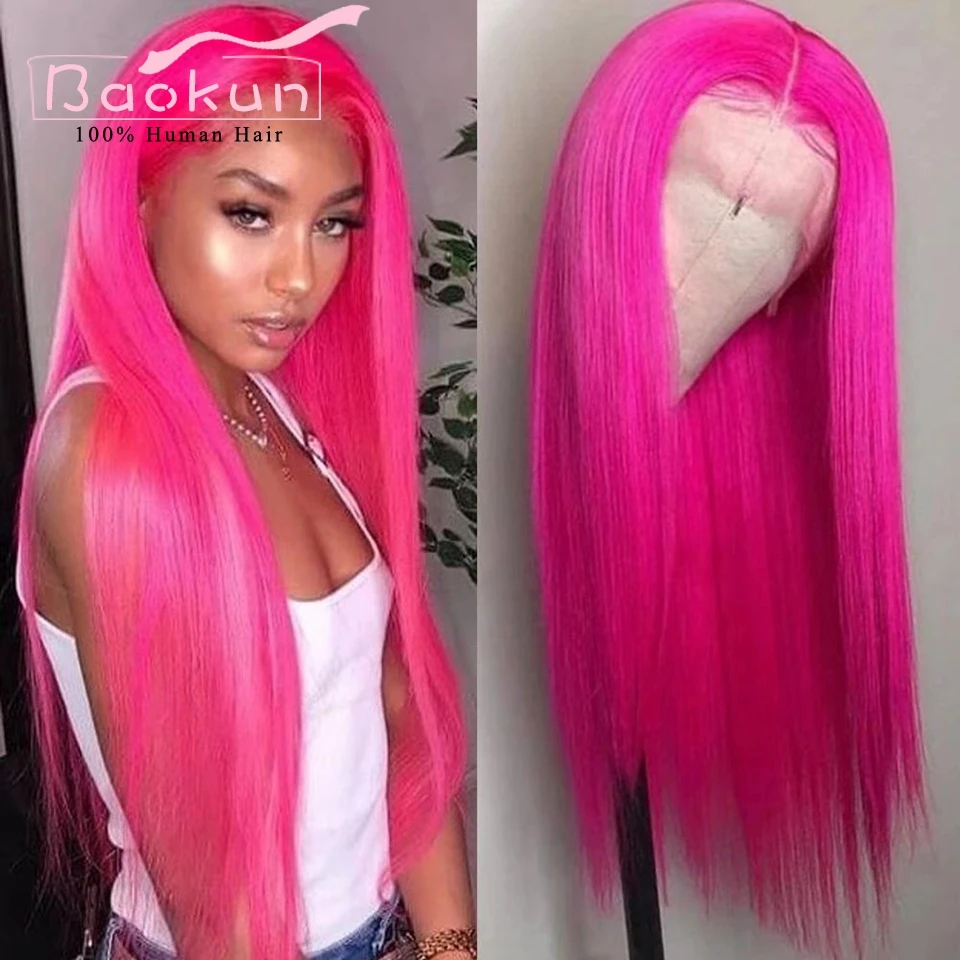 13x6 Hot Pink Straight Lace Front Human Hair Wigs HD Transparent Lace Frontal Wig Pre Plucked 13x4 Lace Front Wigs For Women