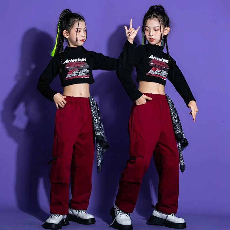 Kid Hip Hop Clothing Black Mock Neck Crop Top Long Sleeve T Shirt Casual Wine Red Cargo Pants for Girl Dance Costume Clothes Set