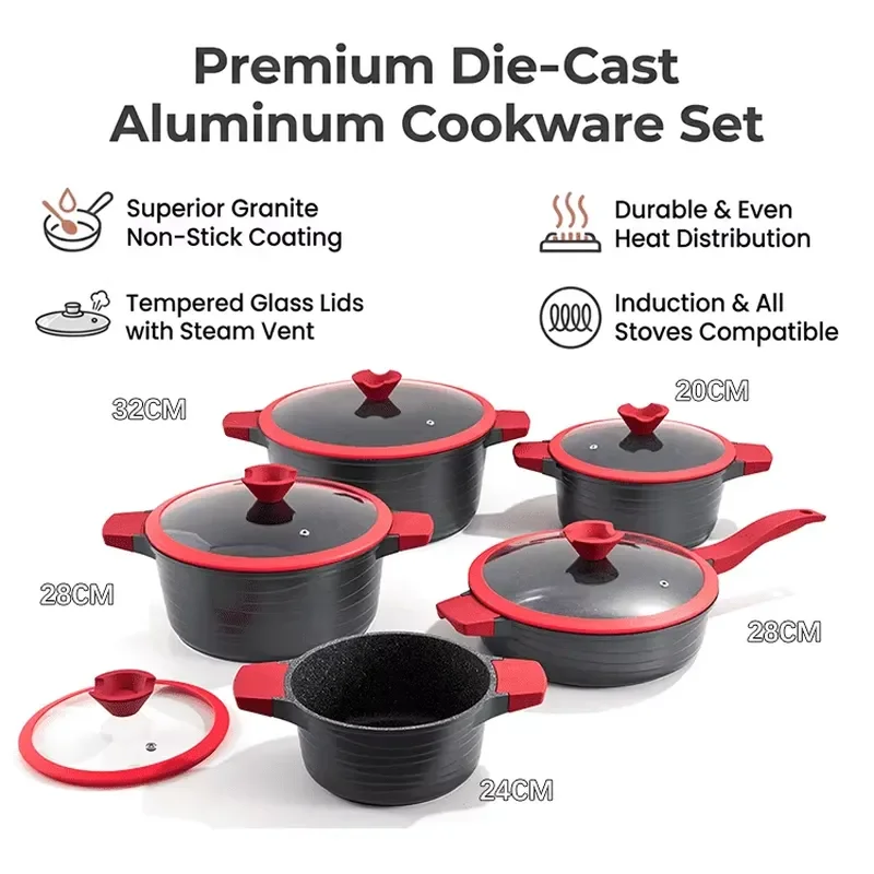 10 Piece Nonstick Cookware Set Die Cast Aluminum Granite Coating Pots And Pans Induction Compatible Kitchen Cooking Utensils