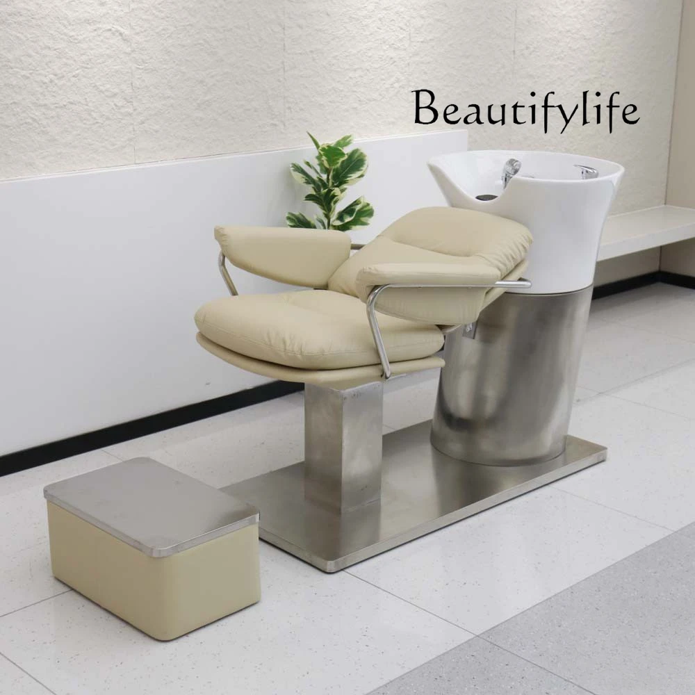 New shampoo bed hair salon half lying flush bed ceramic basin stainless steel base hair salon special