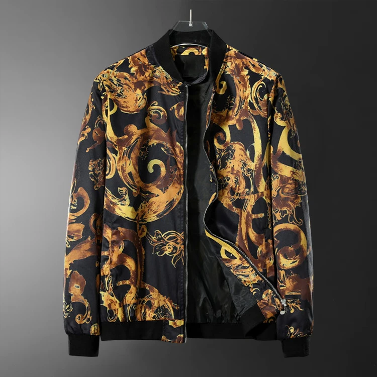 2024 Luxurious Baroque Vintage Bomber Jacket Black Golden Palace Printing Pattern Hooded Jacket Male Club Outfit Pattern Jacket