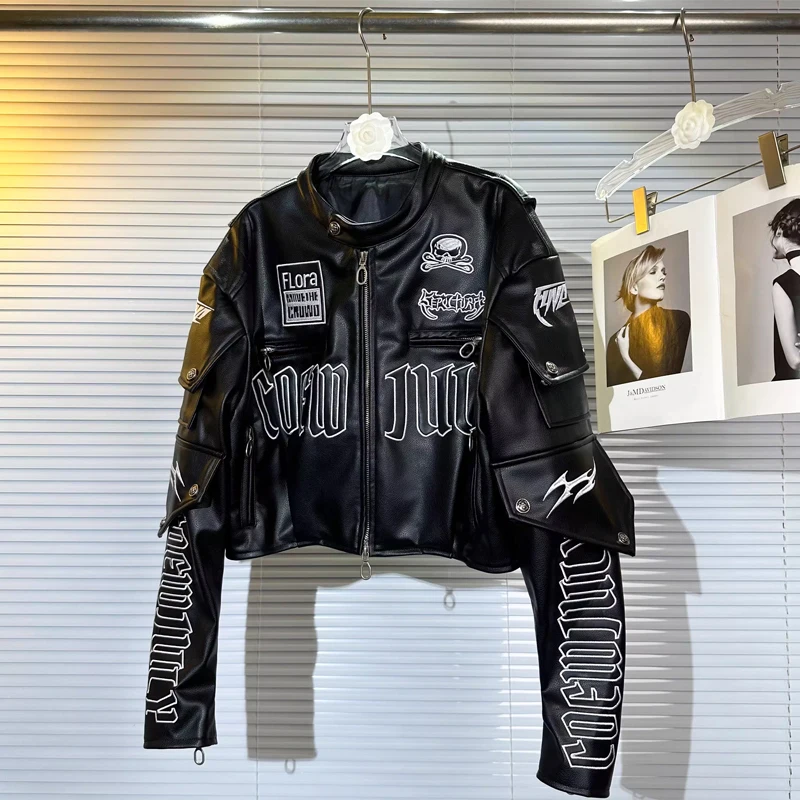 [oein] 2024 Autumn Women Cool Handsome Street Explosion Skull Letter Embroidery Motorcycle Leather Work Jacket Short Coat