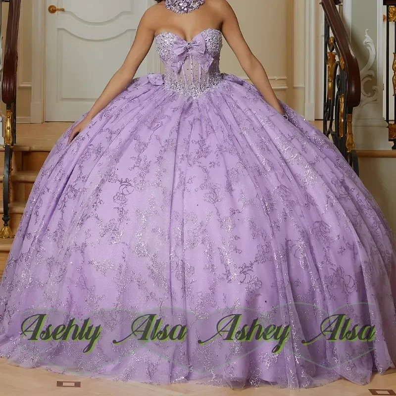 Vestido de Quinceañera Lila con Hombros Descubiertos, Estilo Princesa, Clásico con Apliques, Lentejuelas, Cuentas y Lazo, Vestido de 16 Años, Vestido de 15 Años