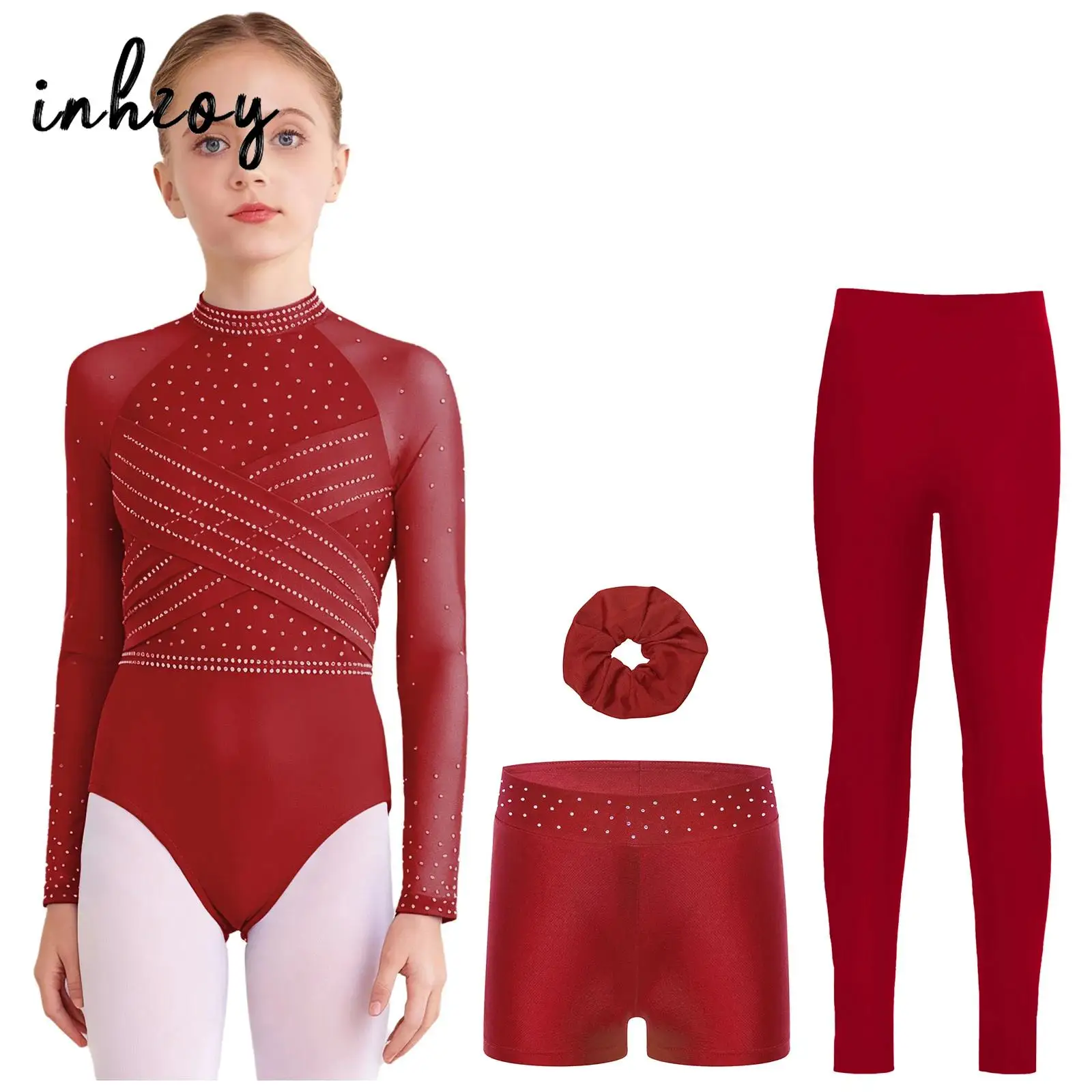 

Детские комплекты для балета и гимнастики для девочек, спортивный костюм для тренировок, блестящий купальник с вырезом на спине и прозрачными рукавами, низ