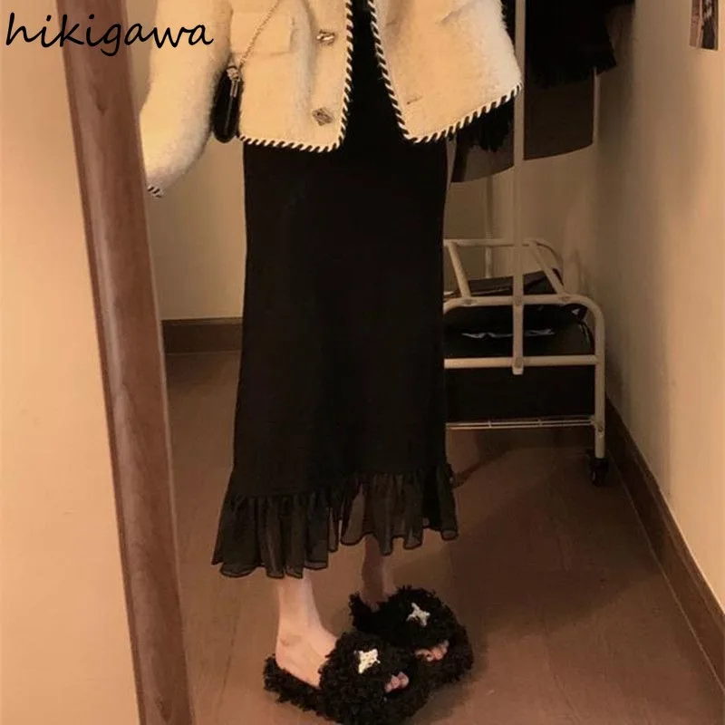 

Knitted Black Skirts for Women 2025 Faldas Mujer De Moda High Waist Patchwork Gauze Tunic Jupe Fashion Tunic Skirt Korean Saia
