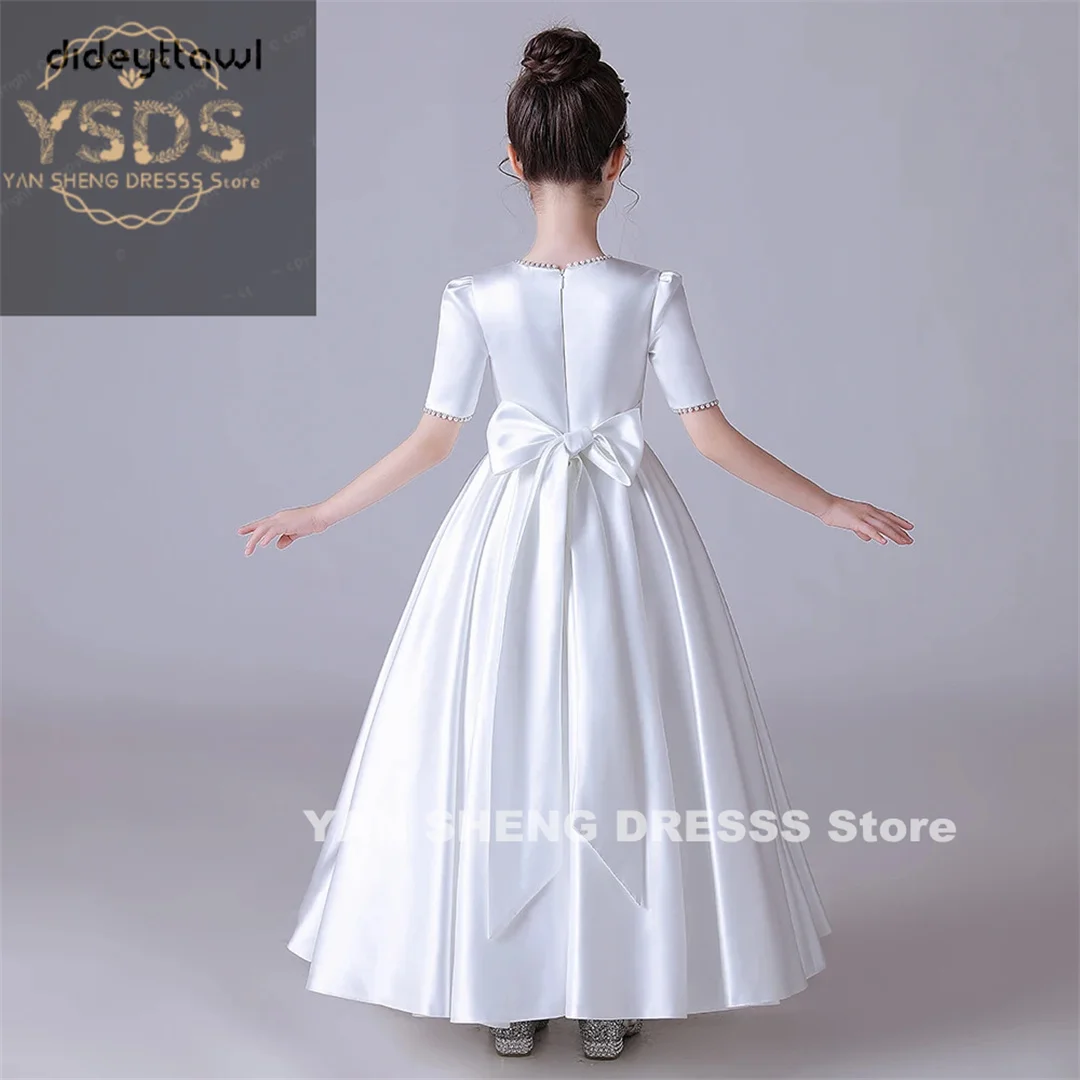 White Soft Satin Pearls Elegant Girl First Communion Dress Concert Wedding Party Short Sleeves Junior Bridesmaid Gown