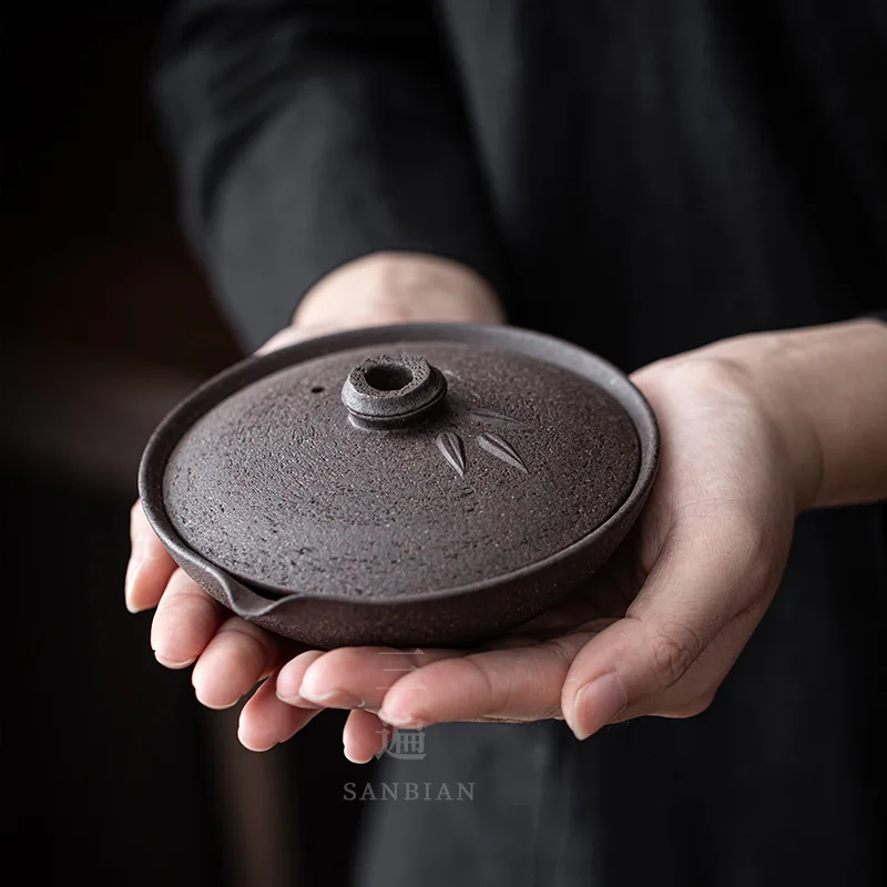 

★★Three Times Japanese Style Coarse Pottery Teapot Handmade Bamboo Chopsticks Aquarius Pot Kung Fu Tea Set Pot Creative Gaiwan T