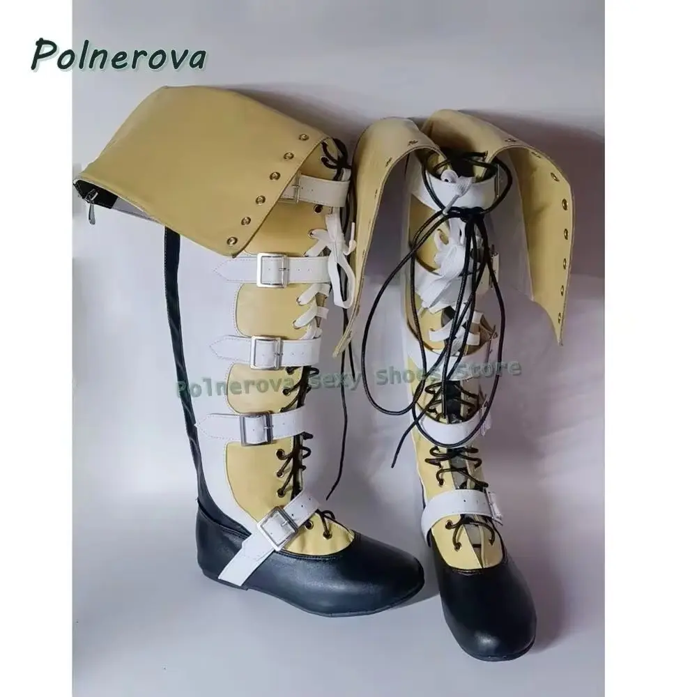 

Belt Buckle Cross Tied Slouch Boots Fold Down Fashion 2025 Round Toe Flat with Lace Up Cut Out Patchwork Women Knee High Boots