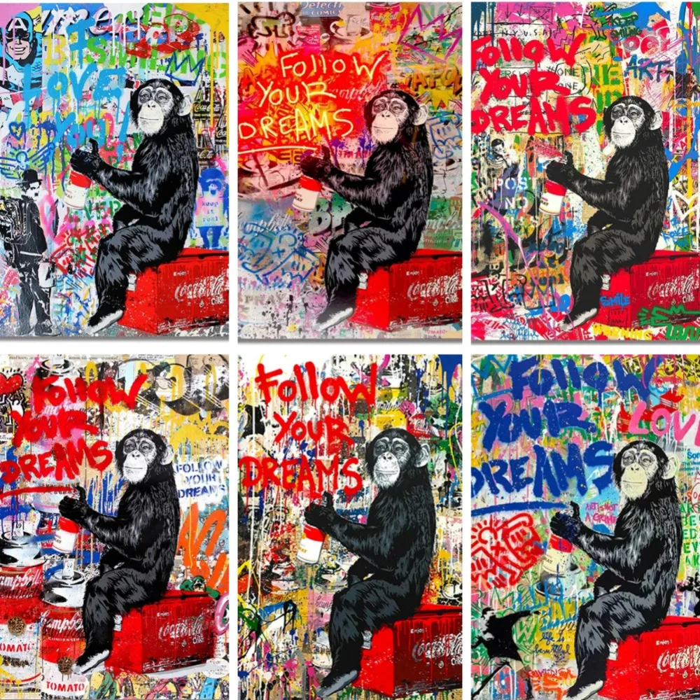 Banksy Graffiti Monkey Canvas Painting Nordic Pop Style Follow Your Dreams Prints Poster Gift Living Room Wall Art Home Decor