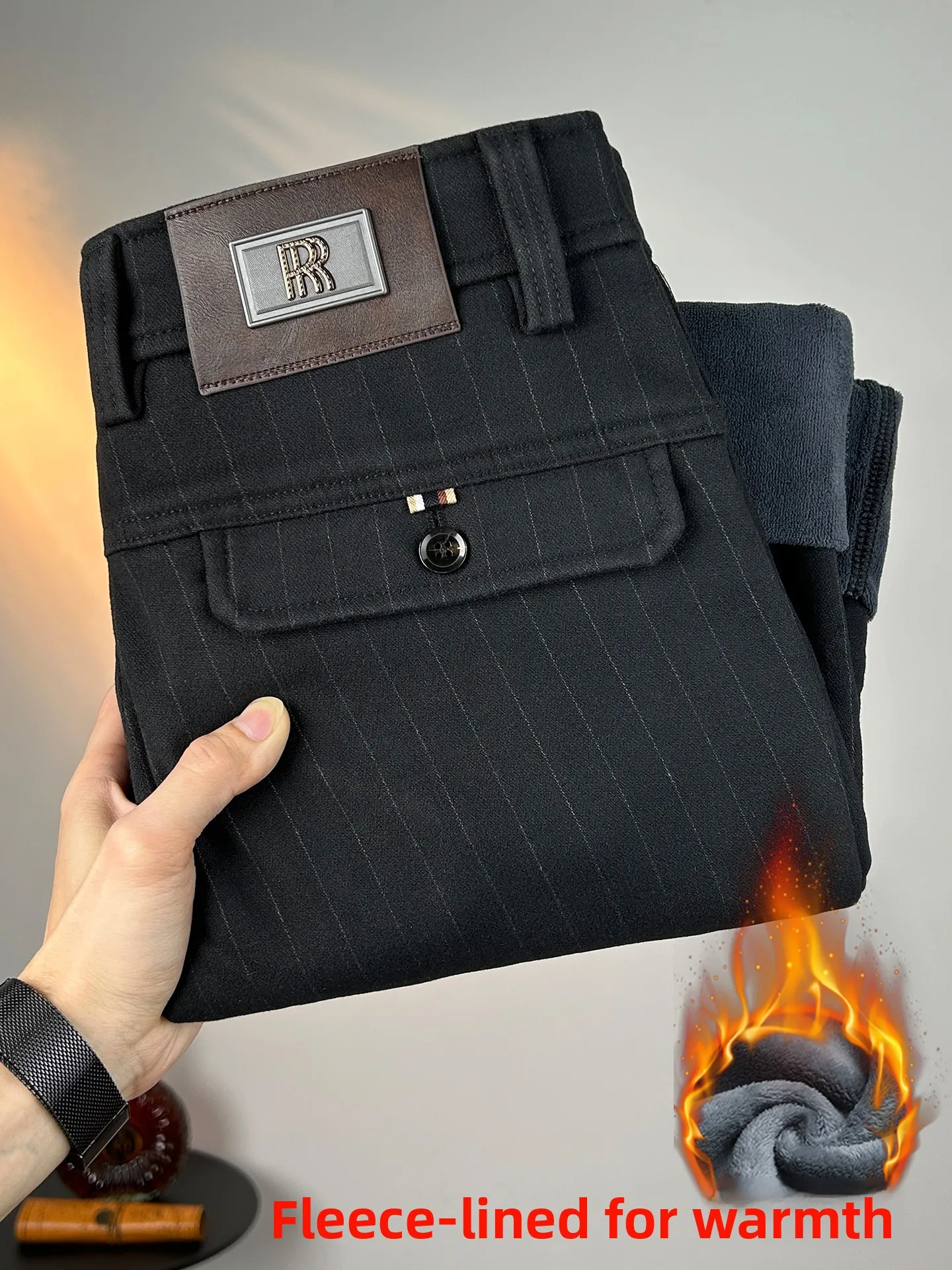 

Мужские повседневные брюки премиум-класса, осенне-зимние, новые, утепленные, в полоску, прямого кроя, деловые, черные