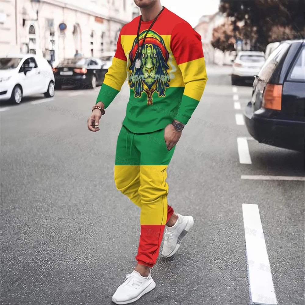 Bob marley streetwear manga longa conjunto de roupas esportivas moda rock men t shirt + calças casuais duas peças fitness correndo fatos de treino