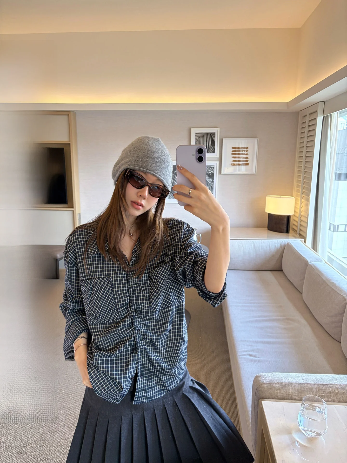 

Ranwear Tokyo Magazine Retro Collar Double Version Plaid Pocket Loose Wrinkle Shirt Top Women's Casual Comfortable Breat...