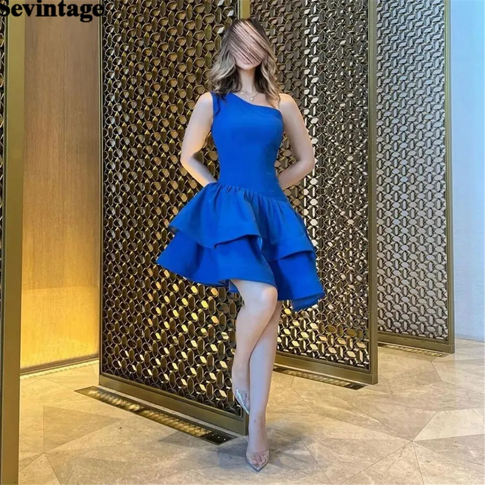 

Sevintage Simple Royal Blue Prom Dresses One Shoulder Tiered Ruched Above Knee Homecoming Dresses vestidos de graduación 2023