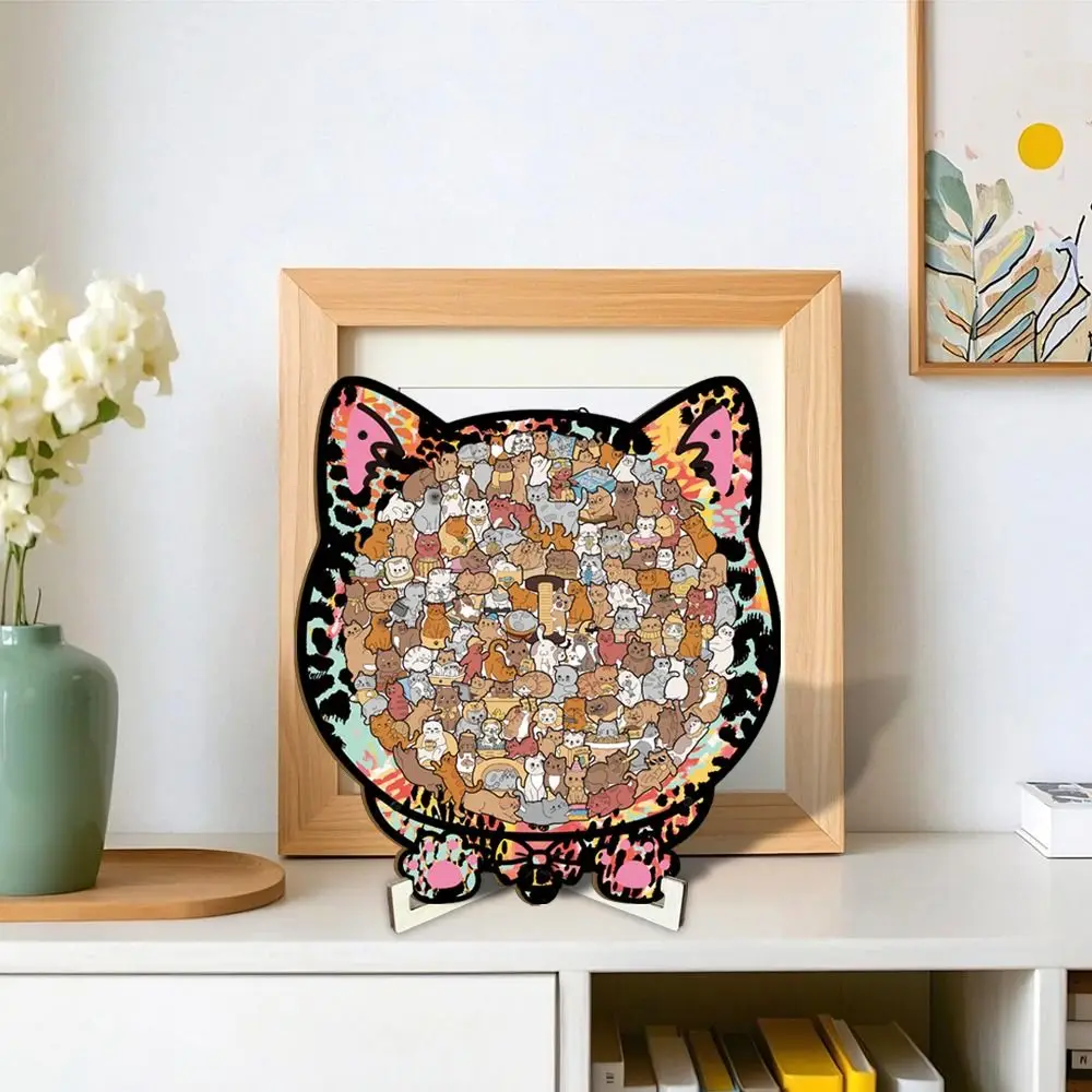 Puzzle Kocie Głowy - Trudne Puzzle, Niezwykłe Puzzle, Zabawka Puzzle, Puzzle Zwierzęce, Drewniane Puzzle w Kształcie Kota, Kolorowe Puzzle DIY do Składania