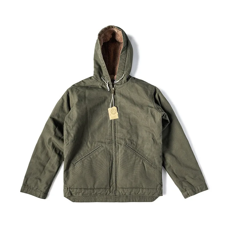 Japanese Outdoor Vintage Couple Hooded Cotton Jacket with Lamb Wool Windproof and Warm Canvas Parkas Coat