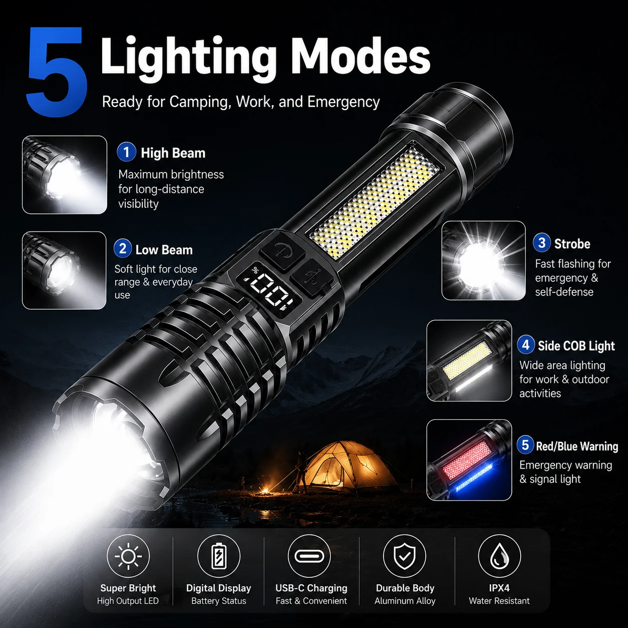 Rechargeable LED Flashlight with Zoom, Type-C Charging, COB Side Lamp, Waterproof Torch for Camping and Hiking, 1 or 2 Pack