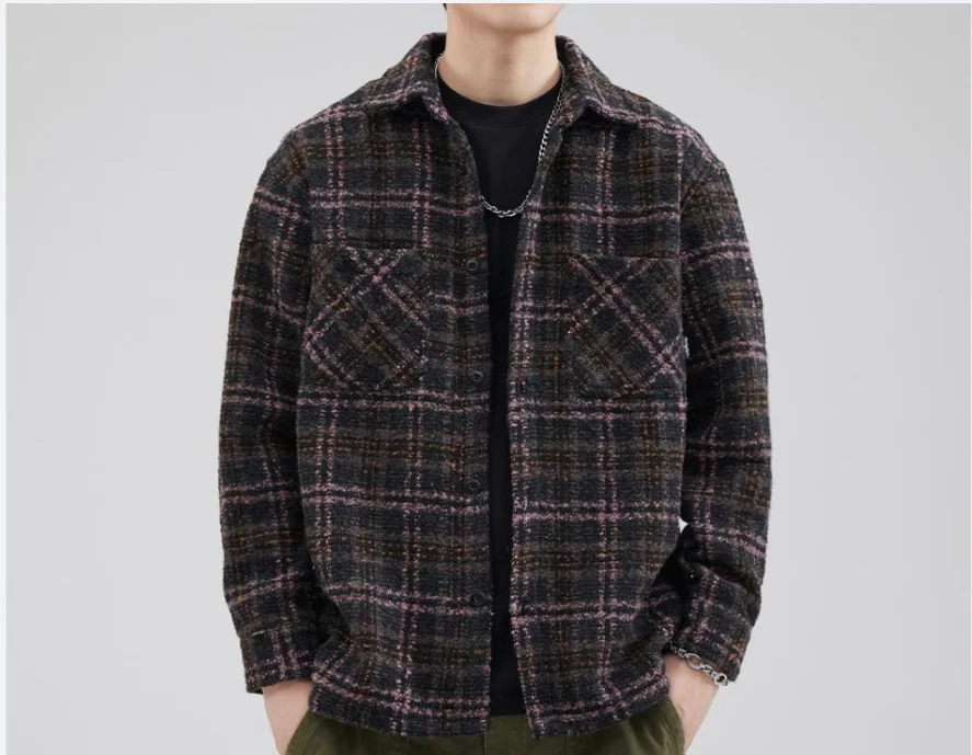 Winter Plaid Jackets Men Warm Fashion Lapel Woolen Coats Vintage Mature Smart Casual Japanese Style Handsome Chaquetas Hombre