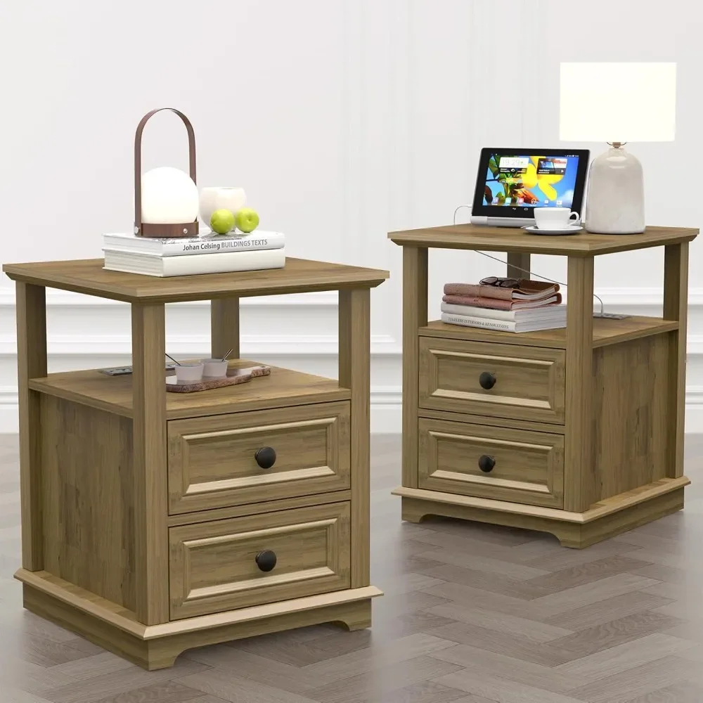 Nightstand Set of 2  with Charging Station &  18W Fast Charge Drawers & Open Shelf Rustic Wood Storage Cabinet