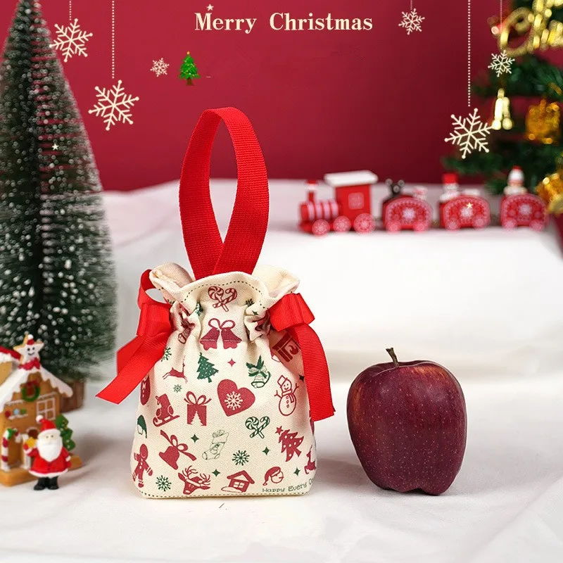 Jute Drawstring Christmas Candy Gift Bag Apple Packing Bag For Christmas Tree Ornament Decor For Xmas Home Party Present Packing