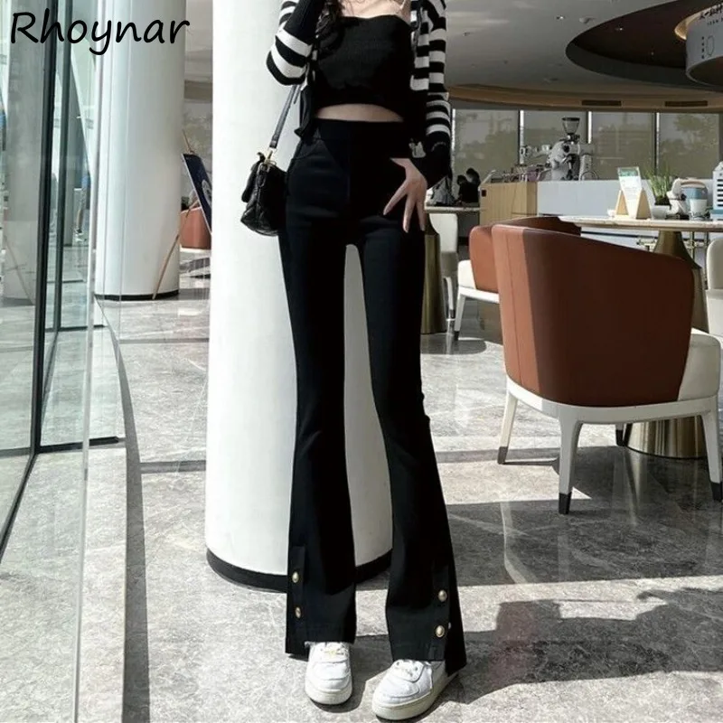 

High Waist Flare Pants Women Side Slit Autumn New Button Elastic Skinny Thicken Korean-style Gentle Office Ladies Solid Simple