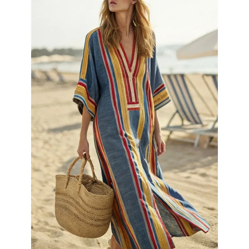 New Women's Casual Long-sleeved V-neck Digital Printed Women's Loose Color Blocking Dress
