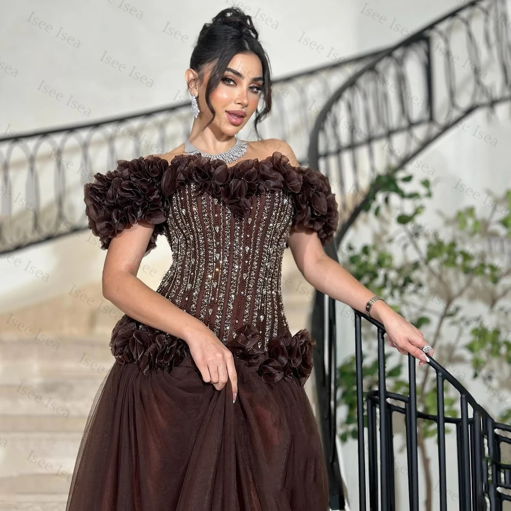 Customized Dubai Off Shoulder Evening Dresses Rhinestone Flower Crystal فساتين سهرات Brown Formal Occasion Dresses