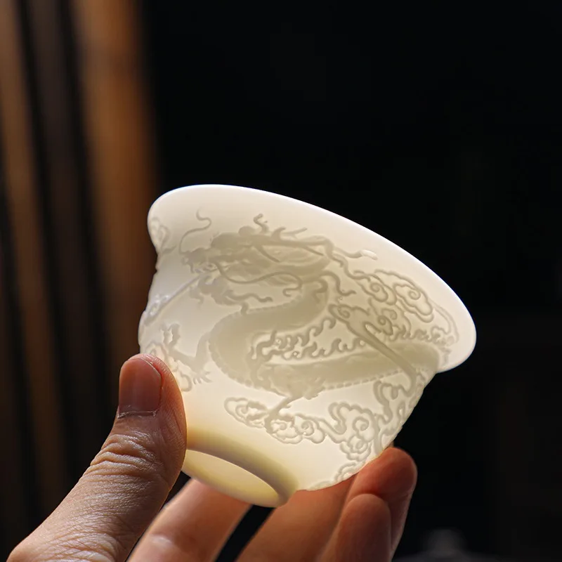 D24 Relief Suet Jade Dragon And Phoenix Chengxiang Ultra-thin Three Talents Cover Bowl Teacup Tea Bowl Single Brewed Tea White