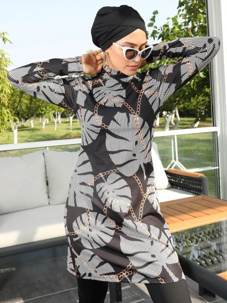 New Summer Beach Muslim Burkini Women Swimsuit Modest Swimwear Islamic ​Bathing Suit，Tropical Plant Print , Quick Drying, UPF50+