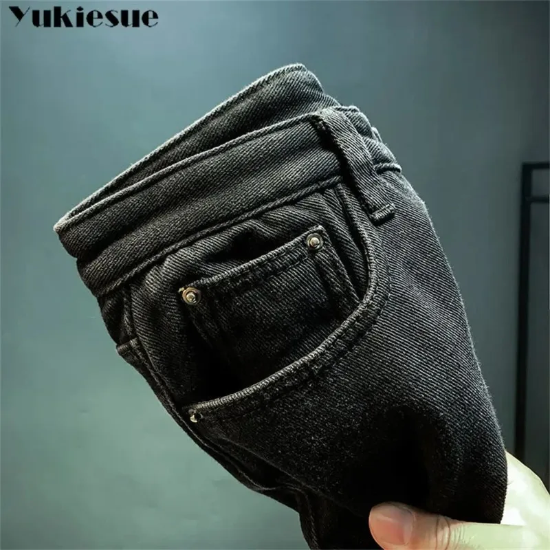 2025 겨울 신상 여성 레저 패션 청바지 플러스 벨벳 하이웨이스트 스트레치 슬리밍 빈티지 두꺼운 따뜻한 스트레이트 팬츠