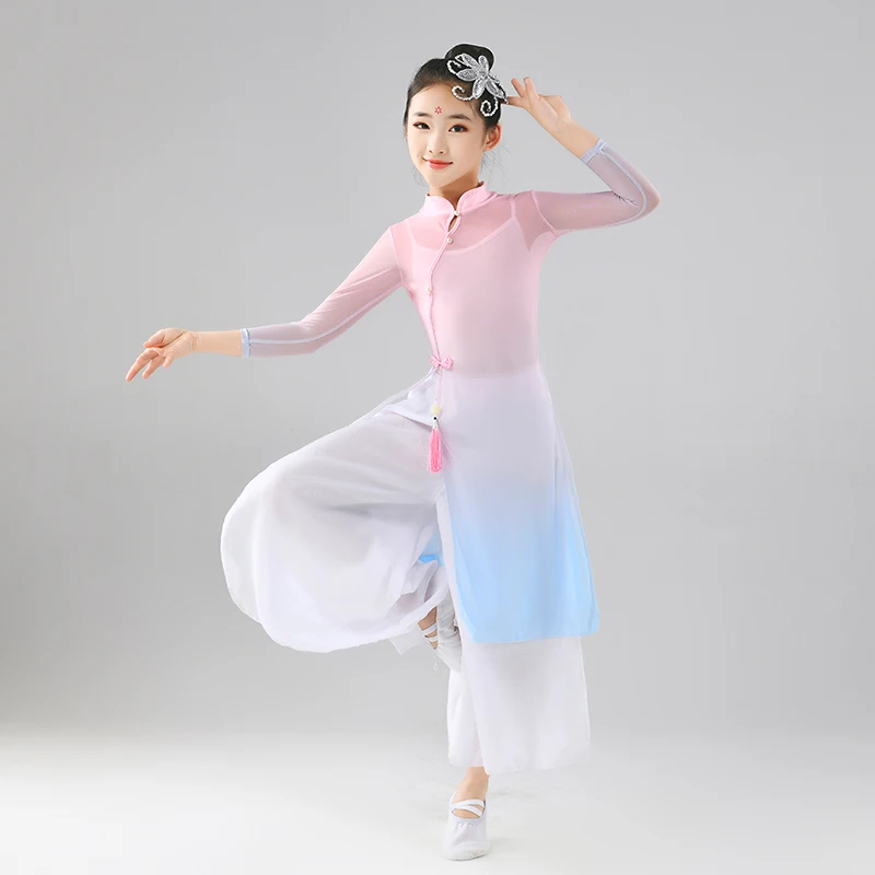 Qipao de baile clásico para niña, ropa de gasa con encanto para el cuerpo, Ropa de baile con paraguas para fanáticos, ropa de actuación China