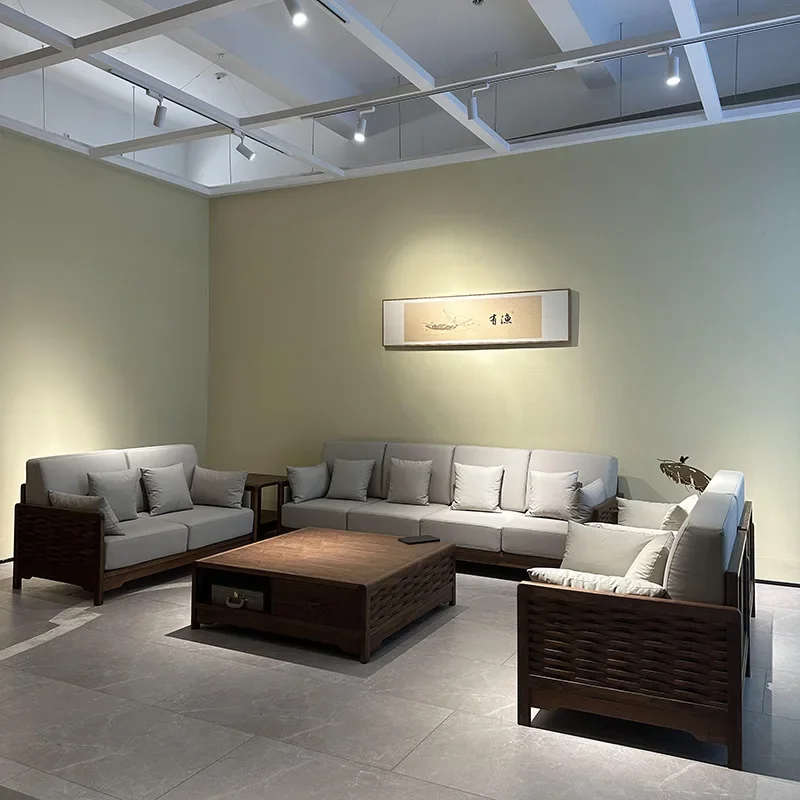 أريكة صينية جديدة أمريكا الشمالية الجوز الأسود زن غرفة المعيشة 123 مجموعة فيلا شقة كبيرة أثاث من الخشب الصلب والجلود #2