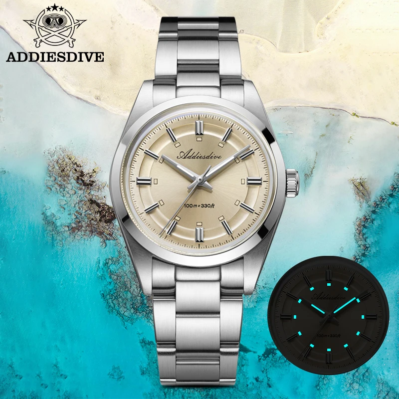 ADDIESDIVE Luxury Man Quartz Watch 100M Waterproof BGW9 Super Luminous 36mm Bubble Glass Watch 316L Stainless Steel Watches Male
