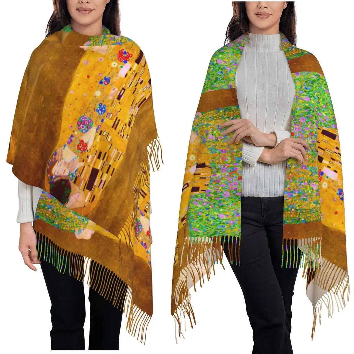 

Gustav Klimt The Kiss Abstract Freyas Art Scarf Tassel Scarves Women Soft Warm Shawls and Wraps Long Fall Winter Shawl Wrap