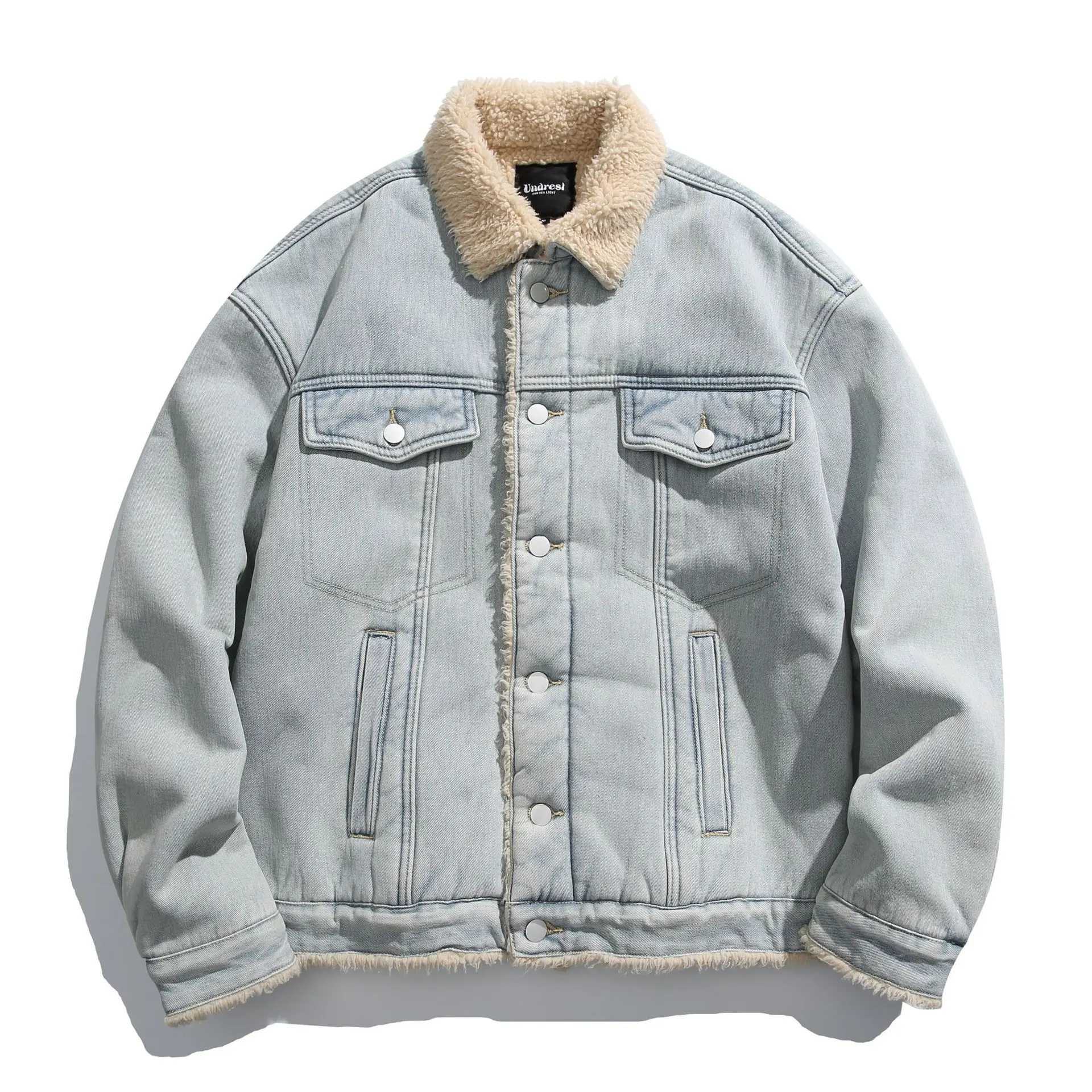 

Japanese Vintage Streetwear Brand 2025 Winter New Heavyweight Washed Denim Cotton Jacket with Shearling Lining Coat Oversized