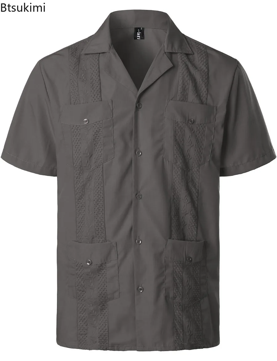 Men's Summer Casual Shirts Solid Multiple Pockets Lapel Short Sleeve Cardigan Shirts Thin Tops Male Single Breasted Tees for Men