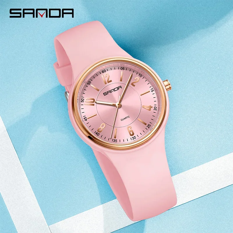 SANDA Fashion Women Quartz Watch Simple Exquisite Dial Silicone Strap 3ATM Waterproof Lightweight Luminous Display Student Watch