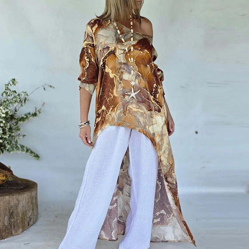 

2026 Women Fashion Marble Printed Tops Elegant Slanted Shoulder Asymmetric Blouses Casual Long Sleeves Street Loose Long Shirts