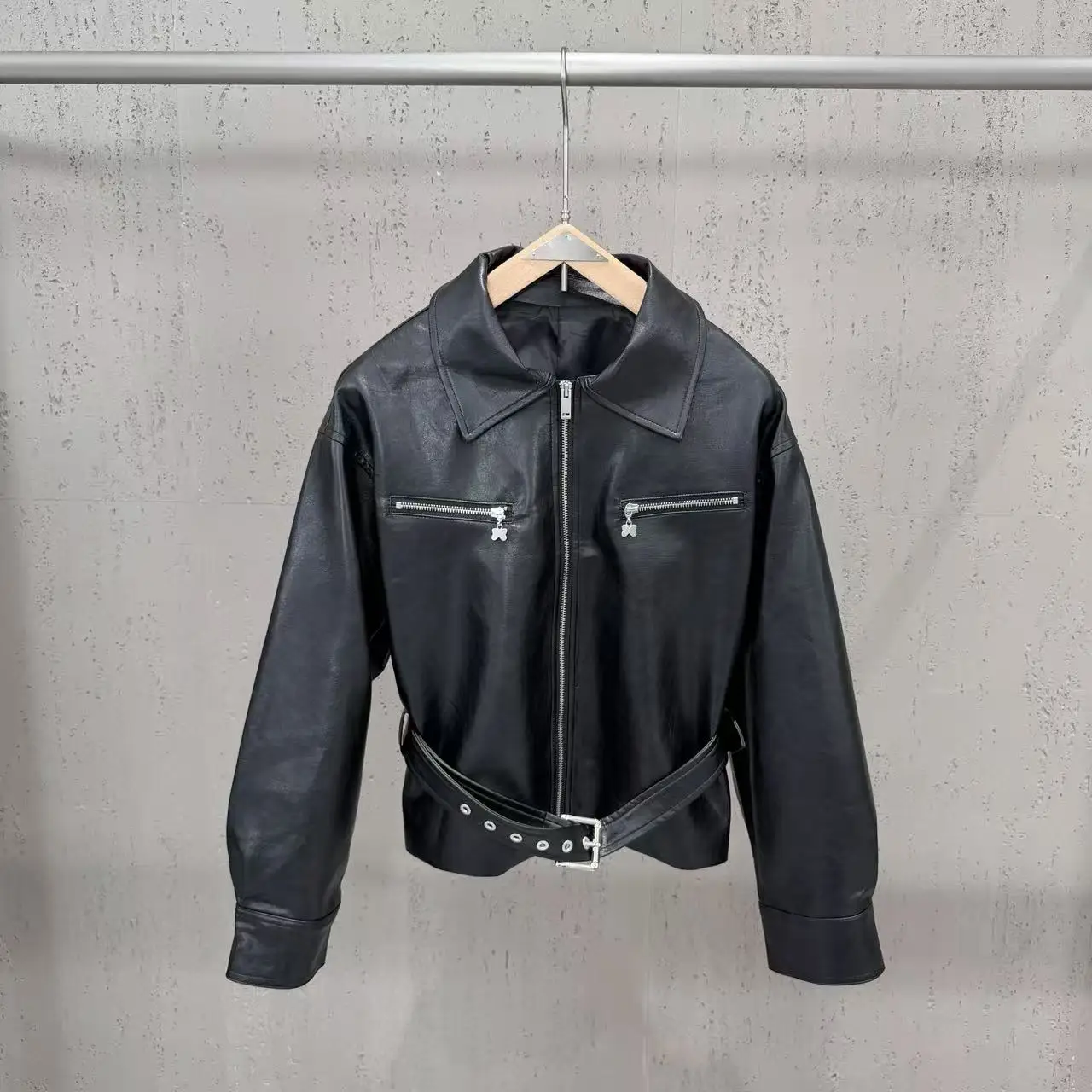High Street Jackets Autumn Women's Lapel Long Sleeved Zipper Belt Waist Cinching Decoration Motorcycle Style PU Leather Jacket