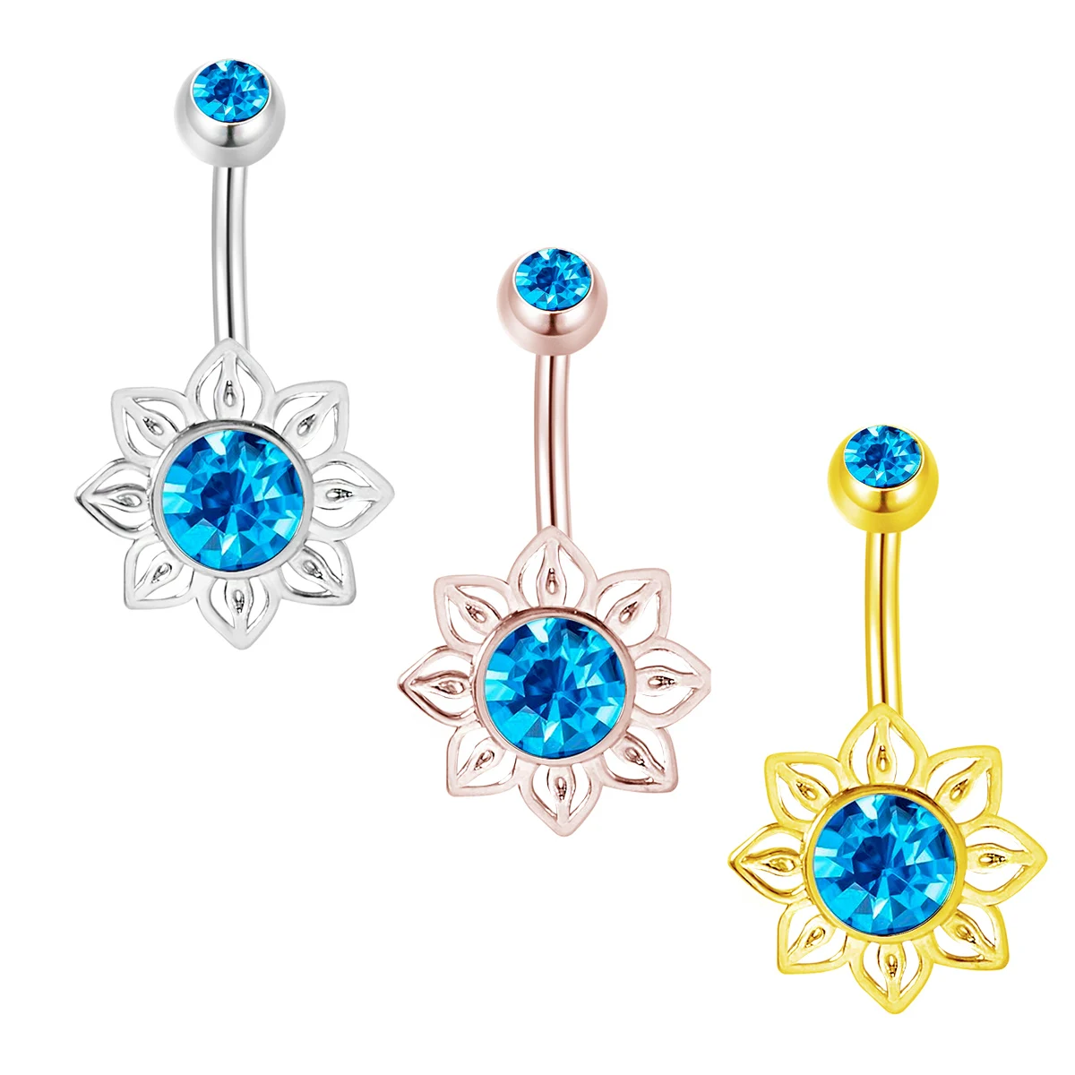 Sunflower Belly Button Ring Stainless Steel Nail Navel Ring Blue Crystal Decorated Umbilical Ring Women's Body Piercing Jewelry