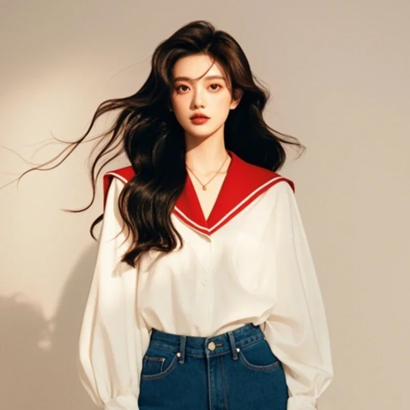 Vintage Women\'s Blouses Spring/Summer New Korean Shirts Loose Long Sleeves Patchwork Top Fashion Sailor Collar Clothing Sales