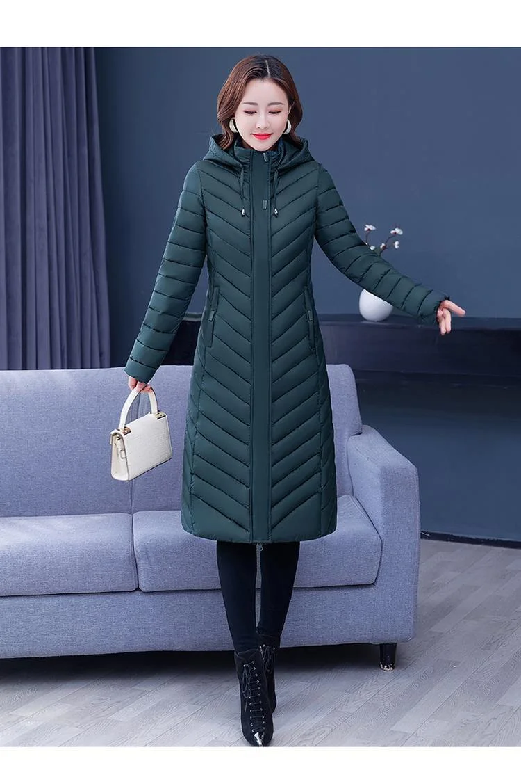 NEW Middle-aged Womens Down Cotton Coat Winter Long Warm Quilted Cotton Jacket Female Casual Hooded Parka Overcoat Purple 5XL