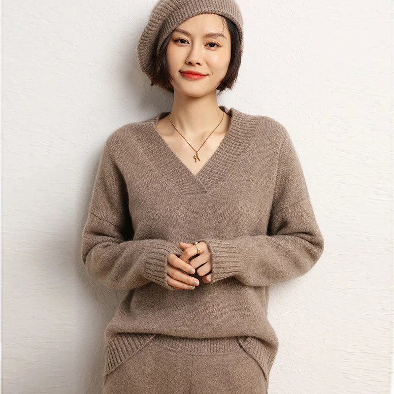 Cashmere Sweater Women\'s 2023 Autumn/Winter New 100% Goat Cashmere V-neck Loose Pullover Fashion Knitted Sweater Tops For Female