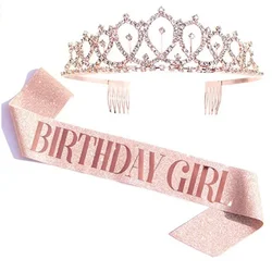 Bling Rhinestone Crystal Crown Tiara Birthday Anniversary Decoration Happy 18 21 30 40 50th Birthday Satin Sash Party Supplies