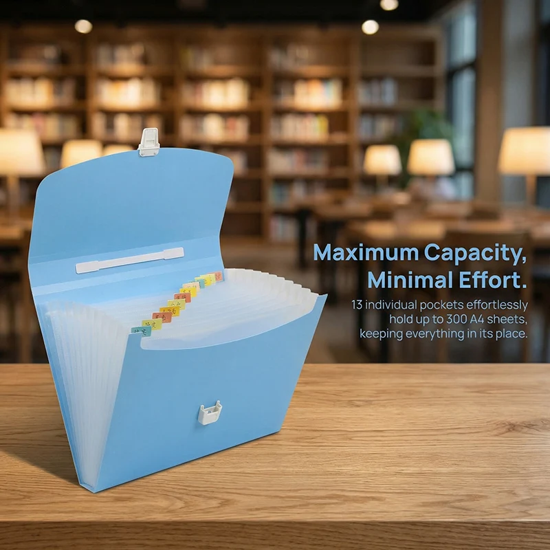 

A portable accordion-style document folder with 13 pockets, a file organizer, suitable for home, school and office use.