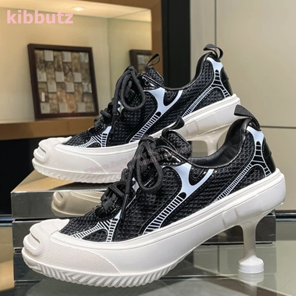 Patchwork Thin Heels Mixed Color Sneakers Round Toe Lace-Up Novelty Sexy Luxury Fashion Runway Show Comfortable Women Shoes New