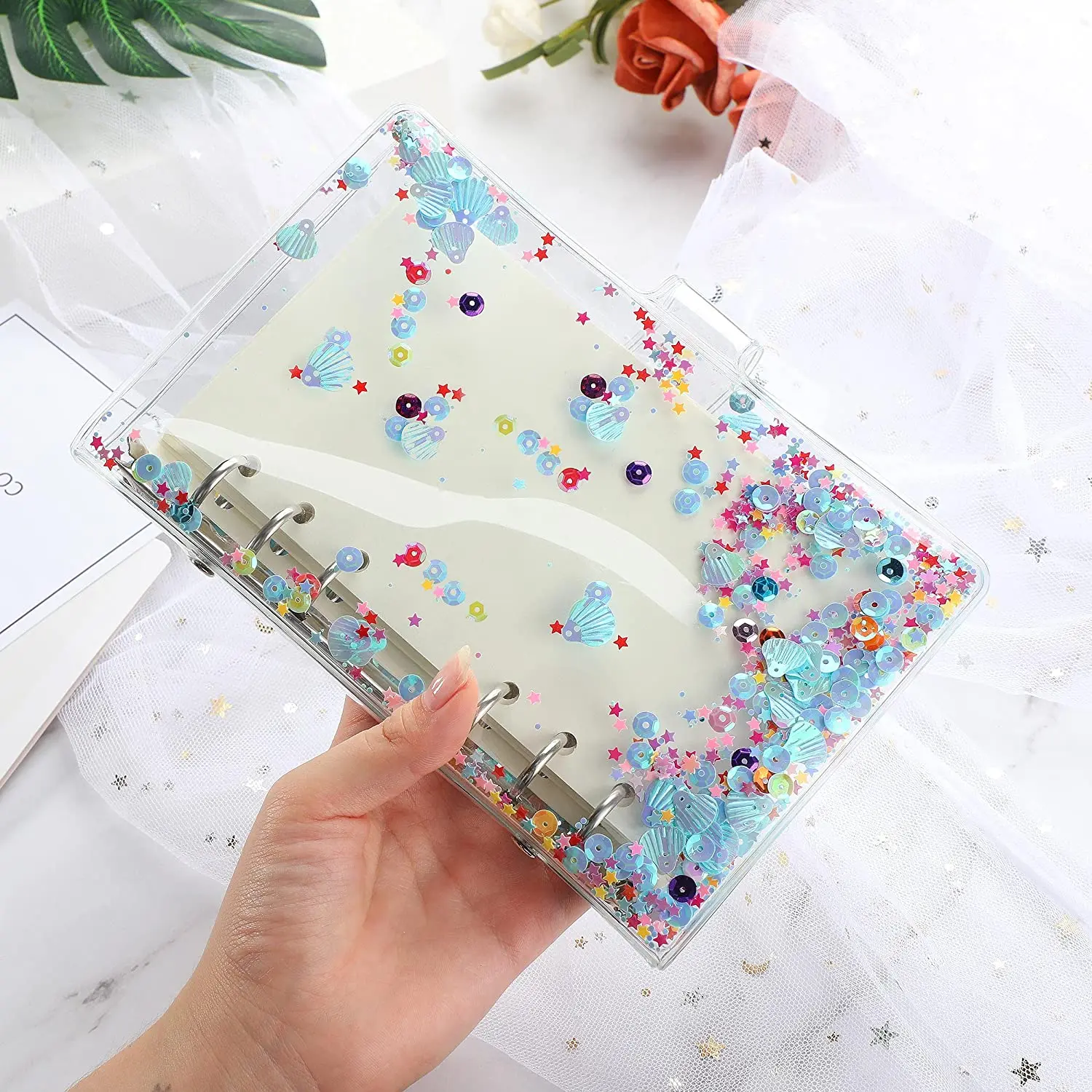 2 peças a6 orçamento fichário capa pvc 6 anel organizador pessoal recarregáveis notebook com glitter lantejoulas para folha solta planejador