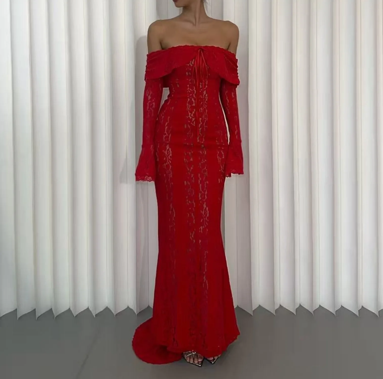 

Красное платье с разрезом на шее, женское элегантное платье с длинным рукавом на весну и осень, макси-платье, облегающее вечернее длинное платье для женщин