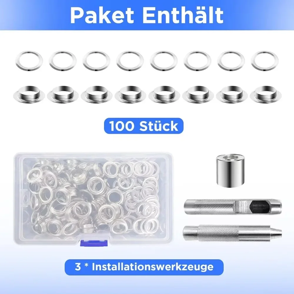 100 Sätze Metall Ösen Tülle Stempel Installateur Werkzeugset Ausguss Wimpern Scheiben Zange Set für Planen Markisen Taschen Vorhänge Schuhe